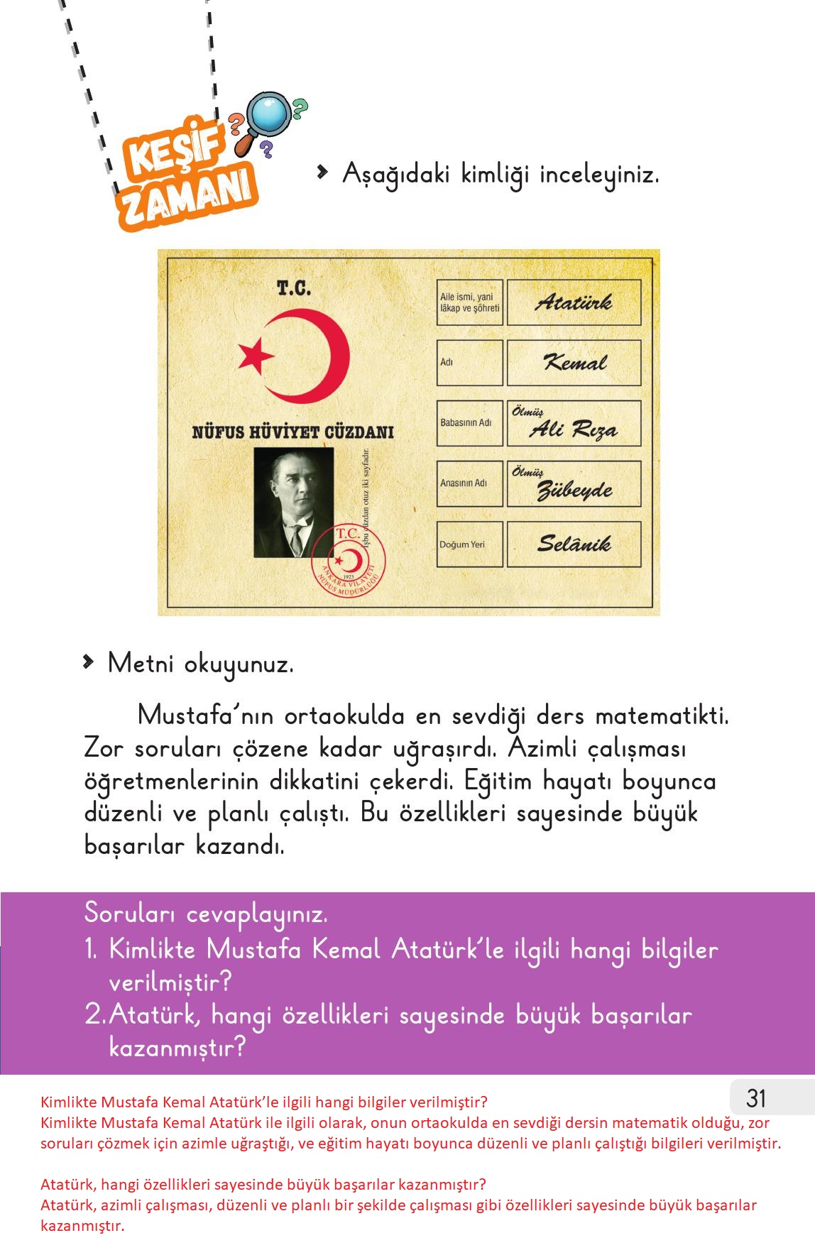 1. Sınıf Meb Yayınları 2. Kitap Hayat Bilgisi Ders Kitabı Sayfa 31 Cevapları