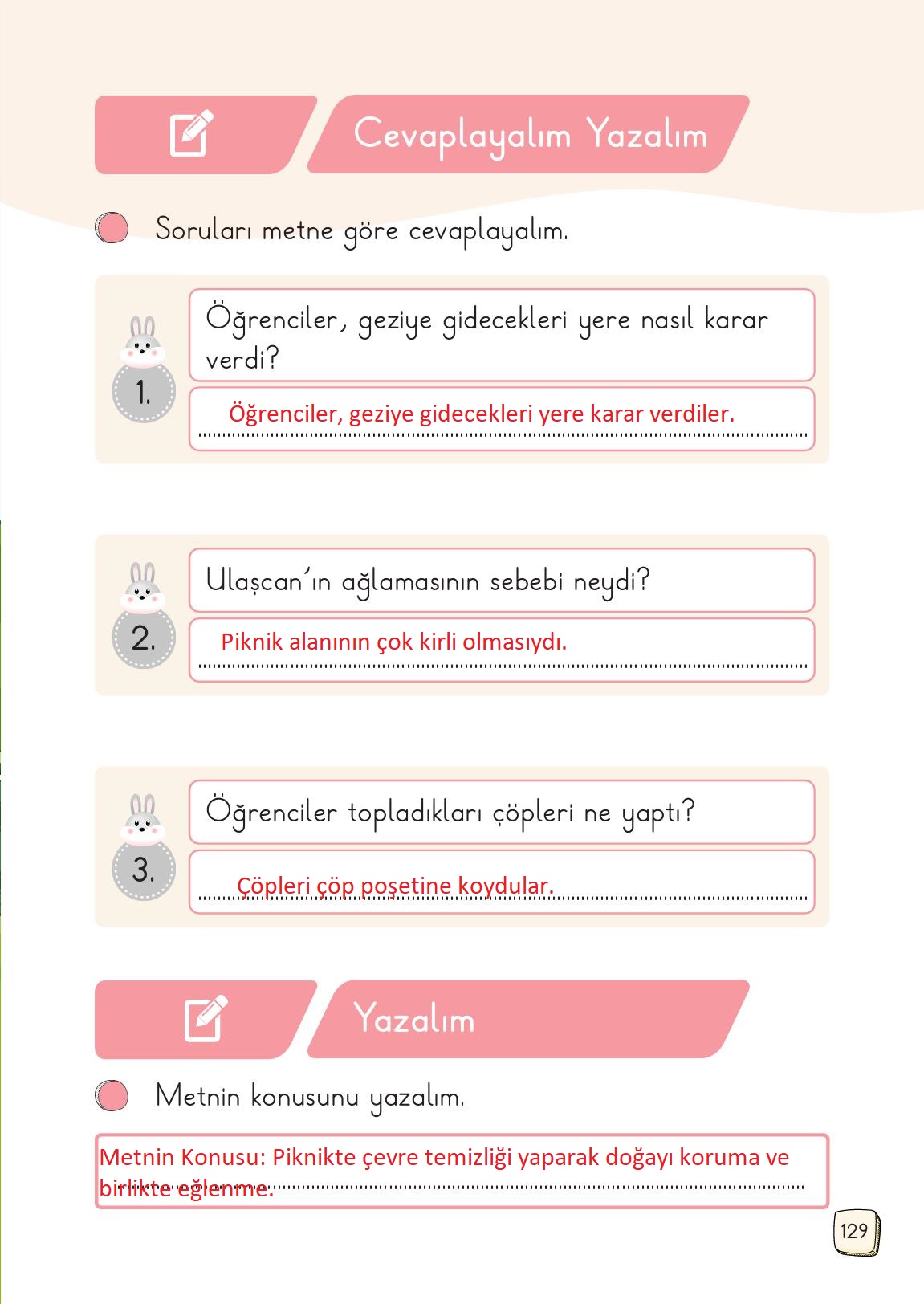 1. Sınıf Meb Yayınları 2. Kitap Türkçe Ders Kitabı Sayfa 129 Cevapları