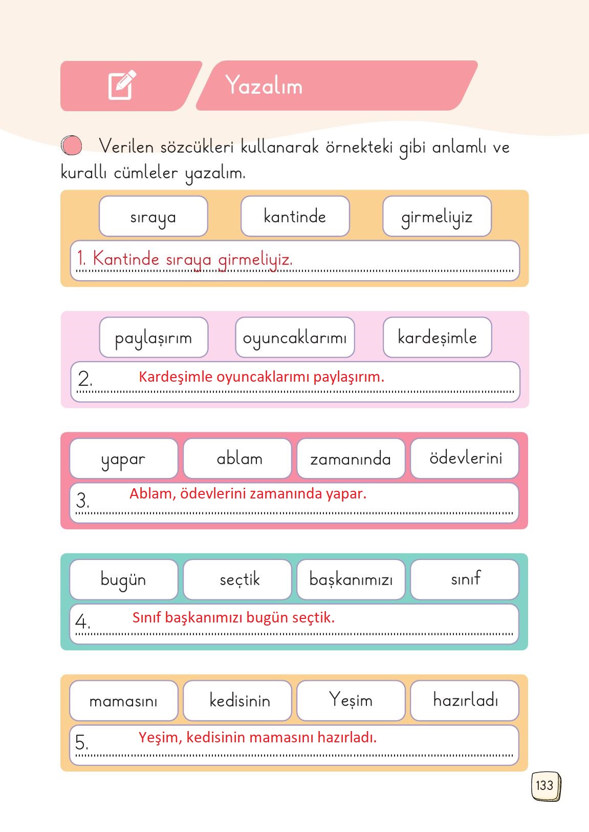 1. Sınıf Meb Yayınları 2. Kitap Türkçe Ders Kitabı Sayfa 133 Cevapları