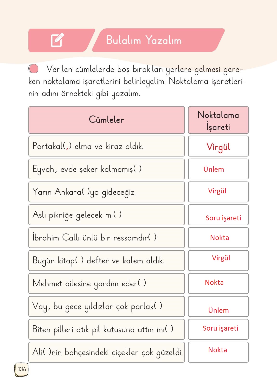 1. Sınıf Meb Yayınları 2. Kitap Türkçe Ders Kitabı Sayfa 136 Cevapları