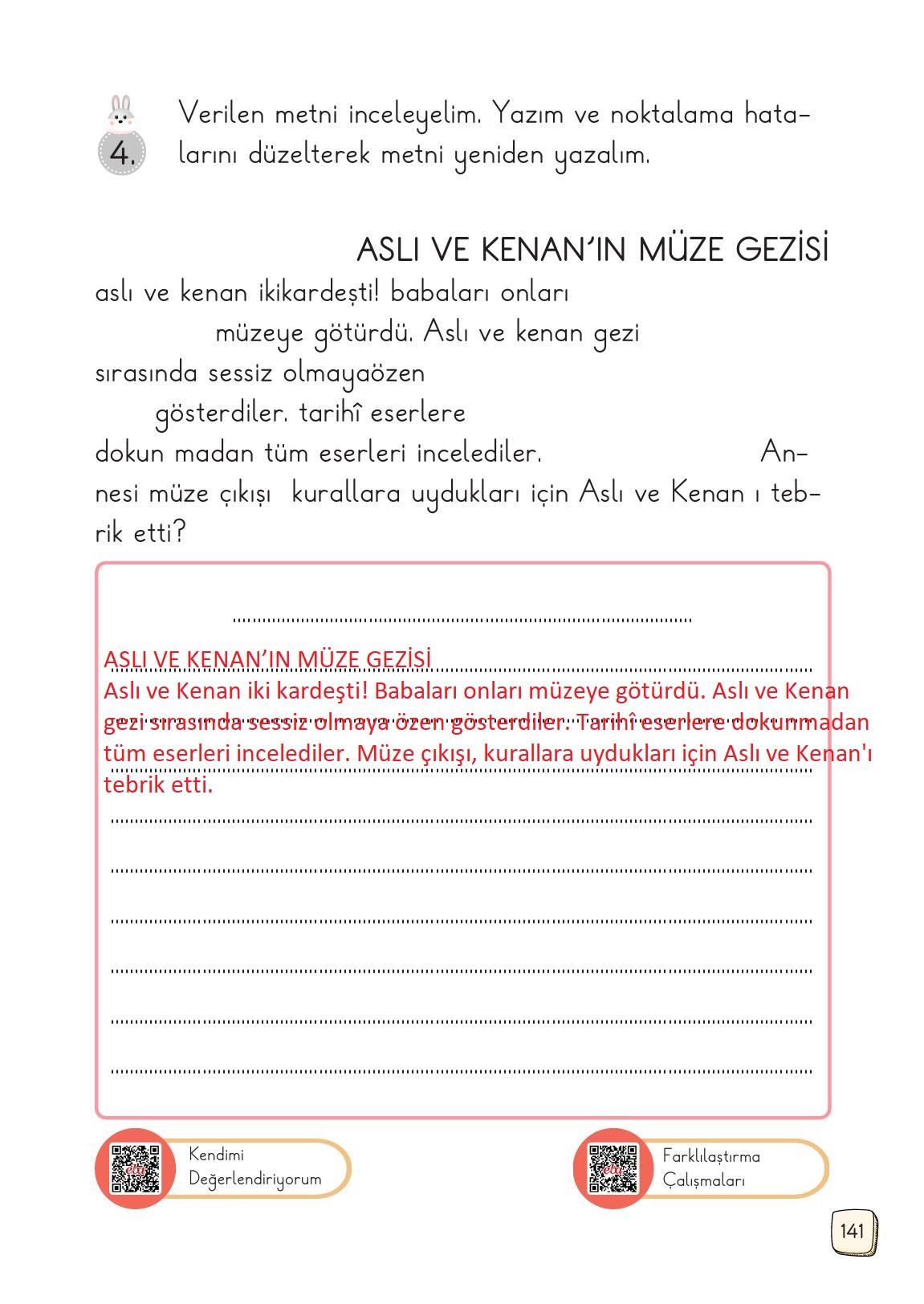 1. Sınıf Meb Yayınları 2. Kitap Türkçe Ders Kitabı Sayfa 141 Cevapları