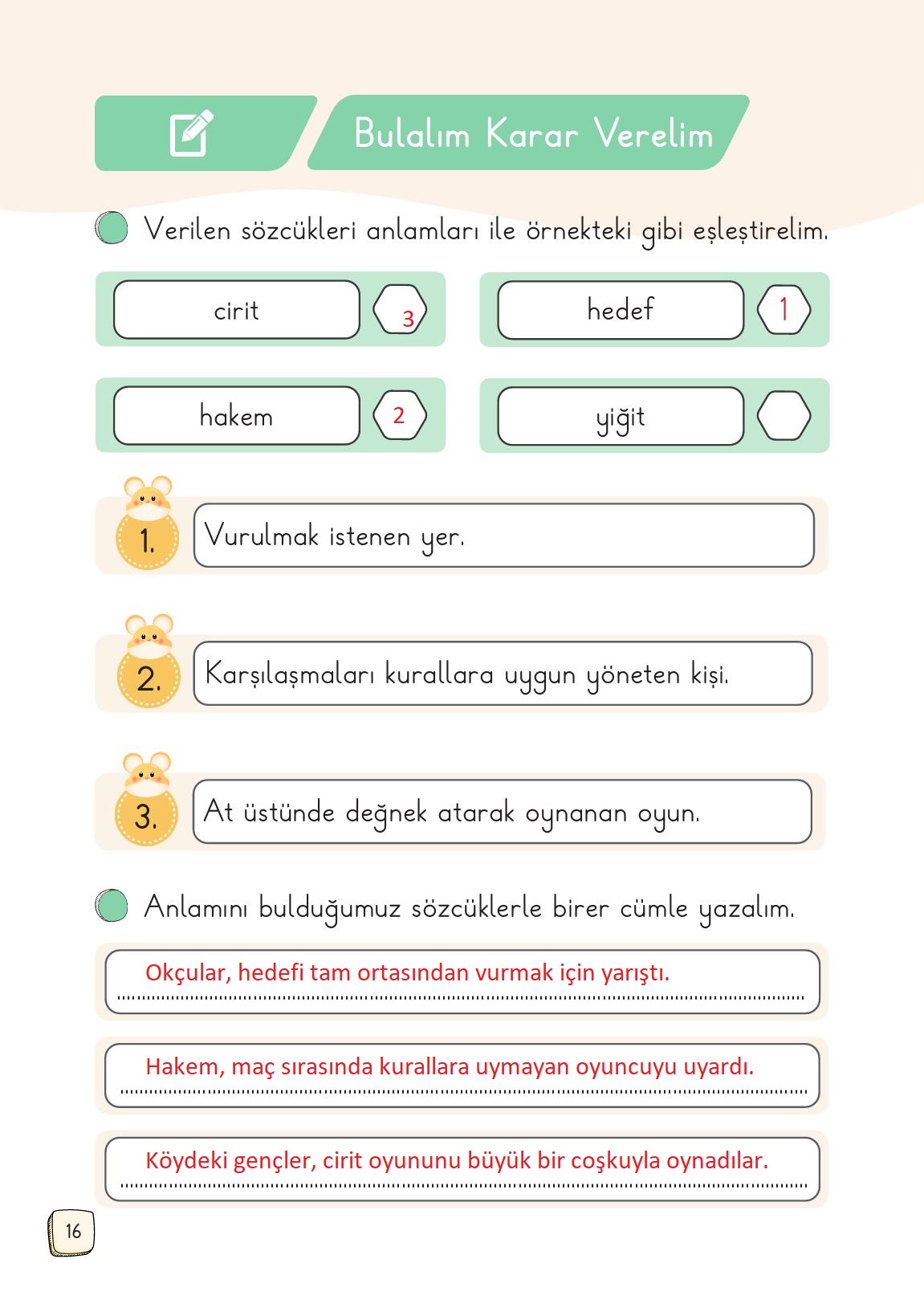 1. Sınıf Meb Yayınları 2. Kitap Türkçe Ders Kitabı Sayfa 16 Cevapları