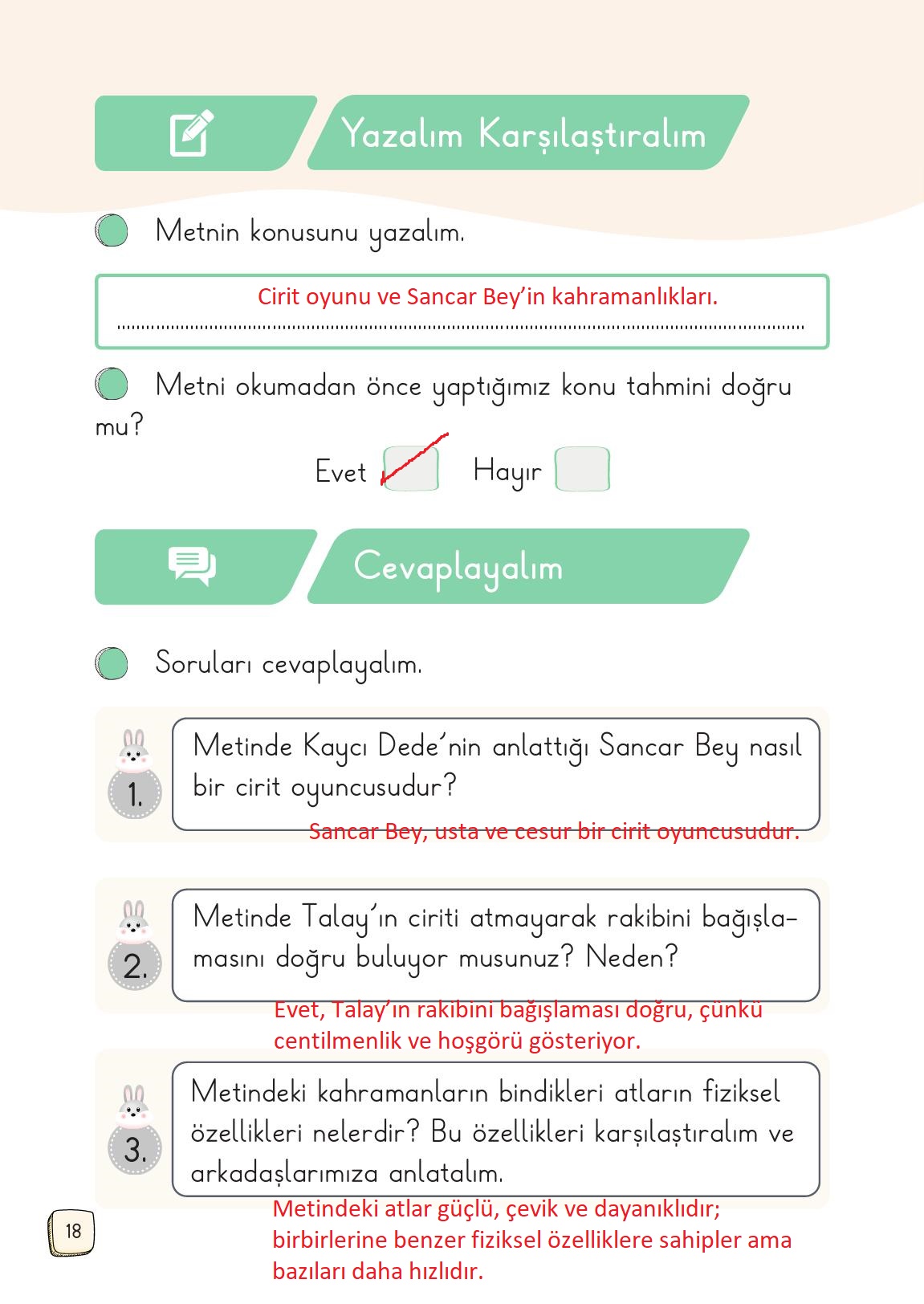 1. Sınıf Meb Yayınları 2. Kitap Türkçe Ders Kitabı Sayfa 18 Cevapları