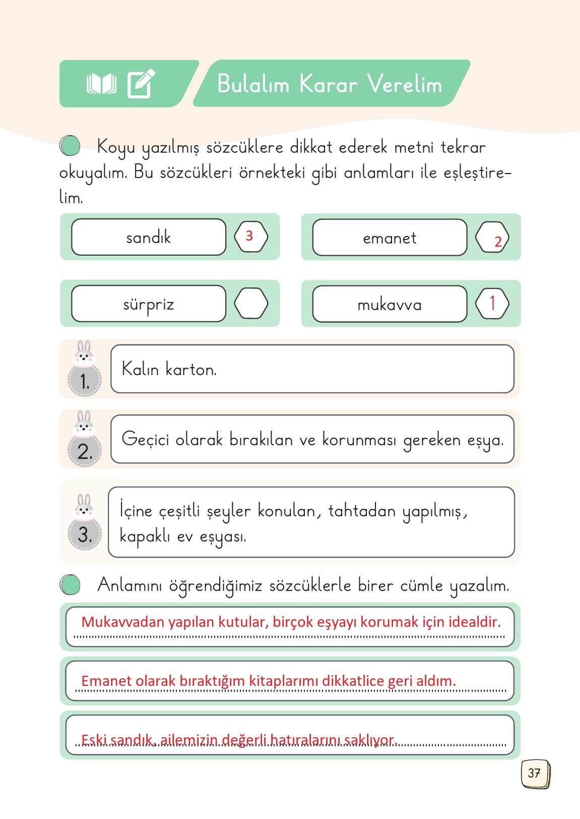 1. Sınıf Meb Yayınları 2. Kitap Türkçe Ders Kitabı Sayfa 37 Cevapları