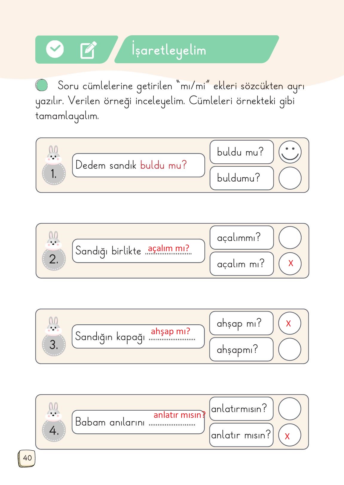 1. Sınıf Meb Yayınları 2. Kitap Türkçe Ders Kitabı Sayfa 40 Cevapları