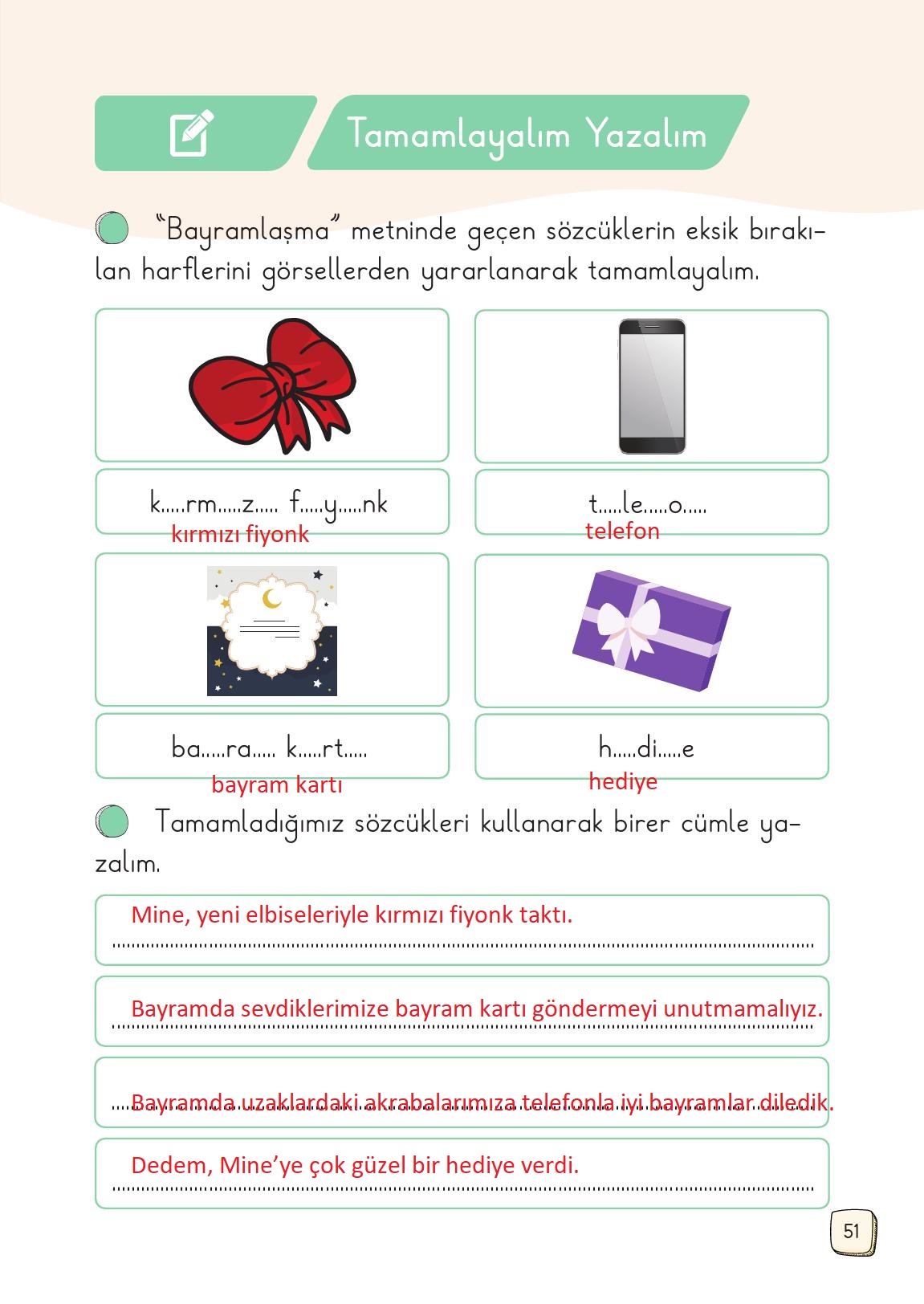 1. Sınıf Meb Yayınları 2. Kitap Türkçe Ders Kitabı Sayfa 51 Cevapları