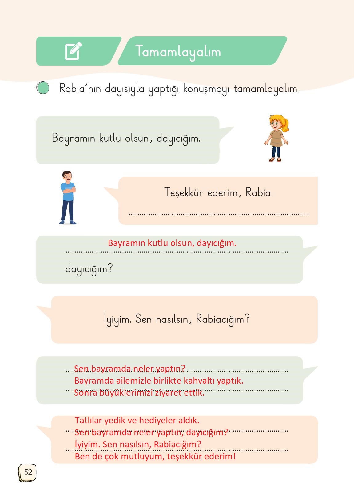 1. Sınıf Meb Yayınları 2. Kitap Türkçe Ders Kitabı Sayfa 52 Cevapları