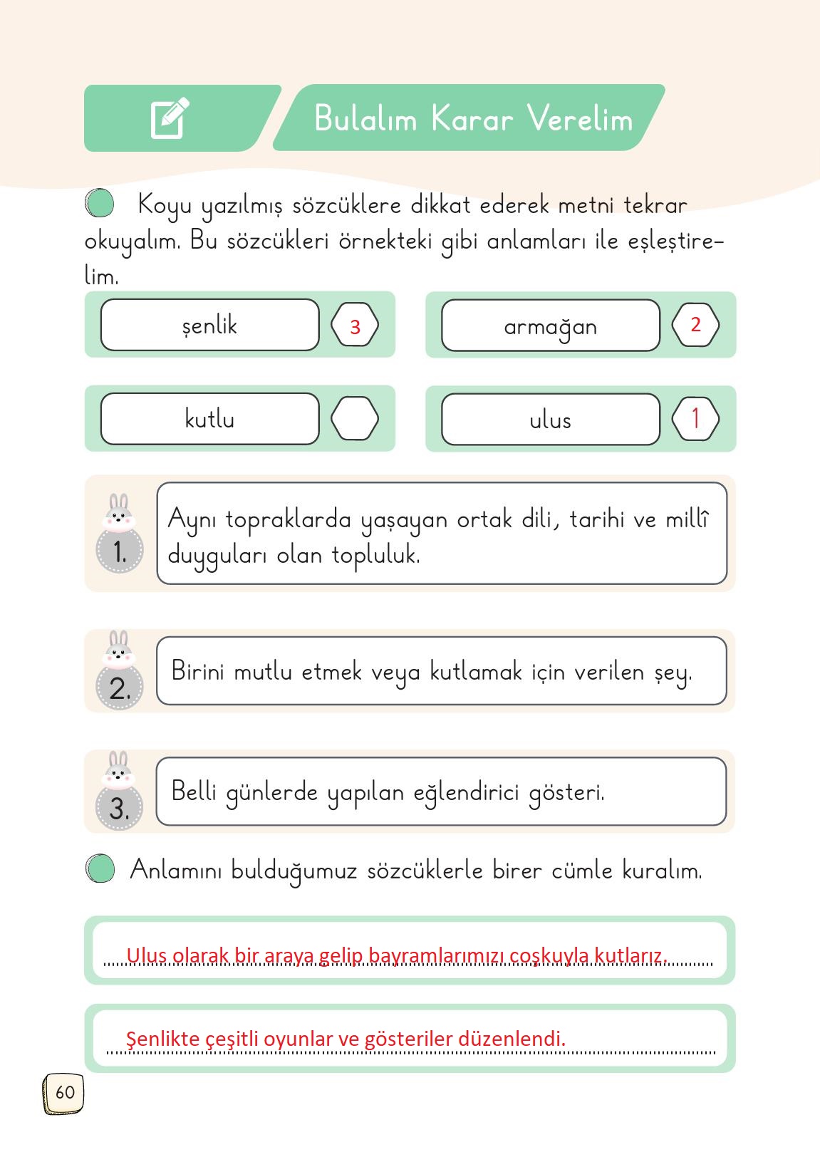 1. Sınıf Meb Yayınları 2. Kitap Türkçe Ders Kitabı Sayfa 60 Cevapları