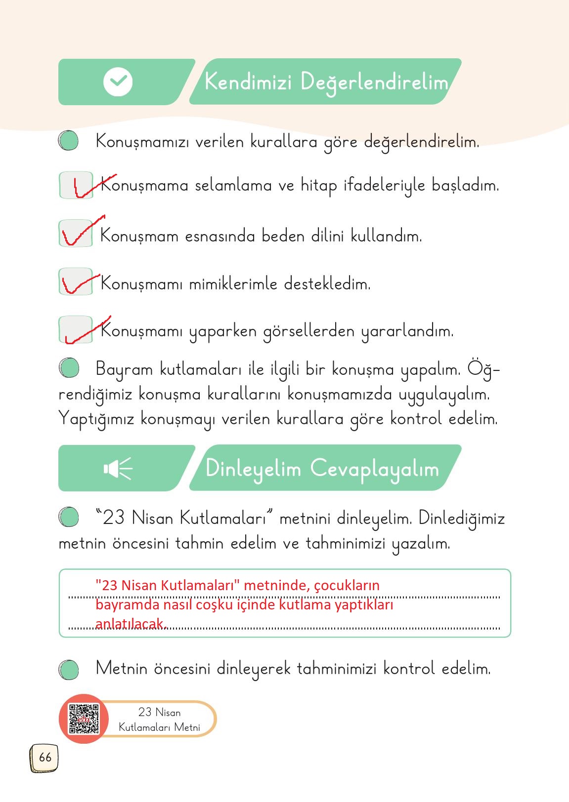 1. Sınıf Meb Yayınları 2. Kitap Türkçe Ders Kitabı Sayfa 66 Cevapları