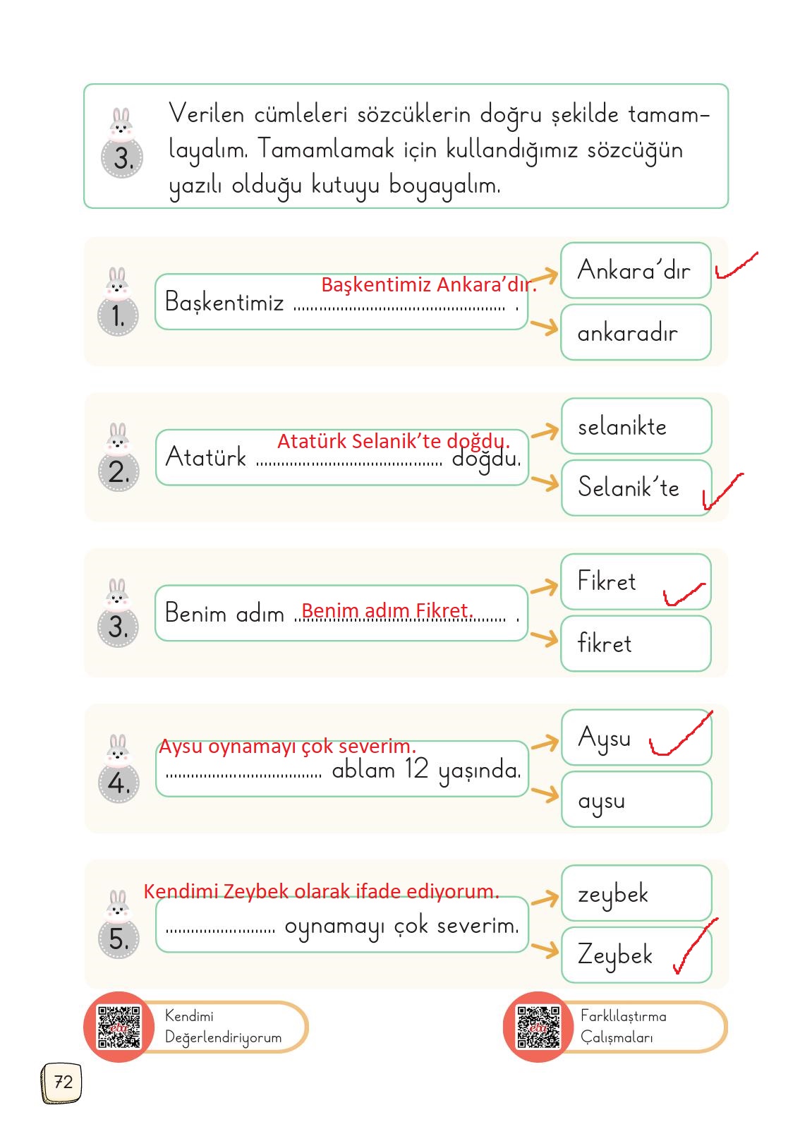 1. Sınıf Meb Yayınları 2. Kitap Türkçe Ders Kitabı Sayfa 72 Cevapları