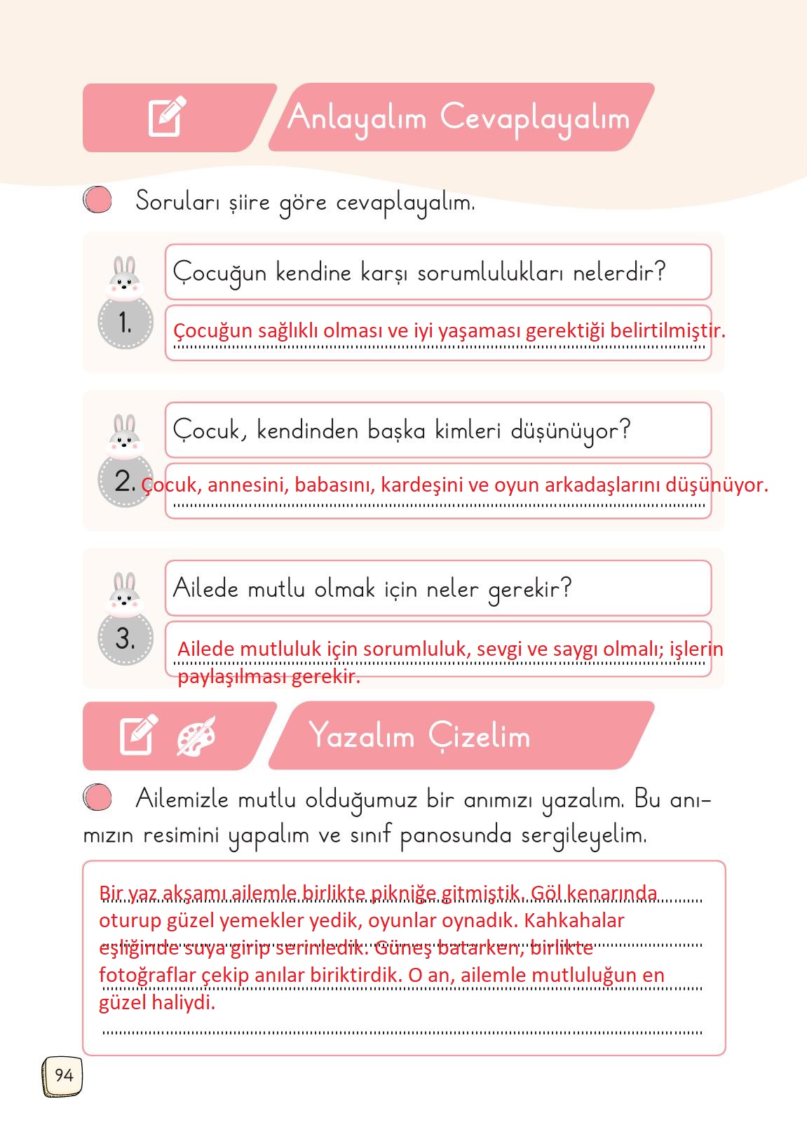 1. Sınıf Meb Yayınları 2. Kitap Türkçe Ders Kitabı Sayfa 94 Cevapları