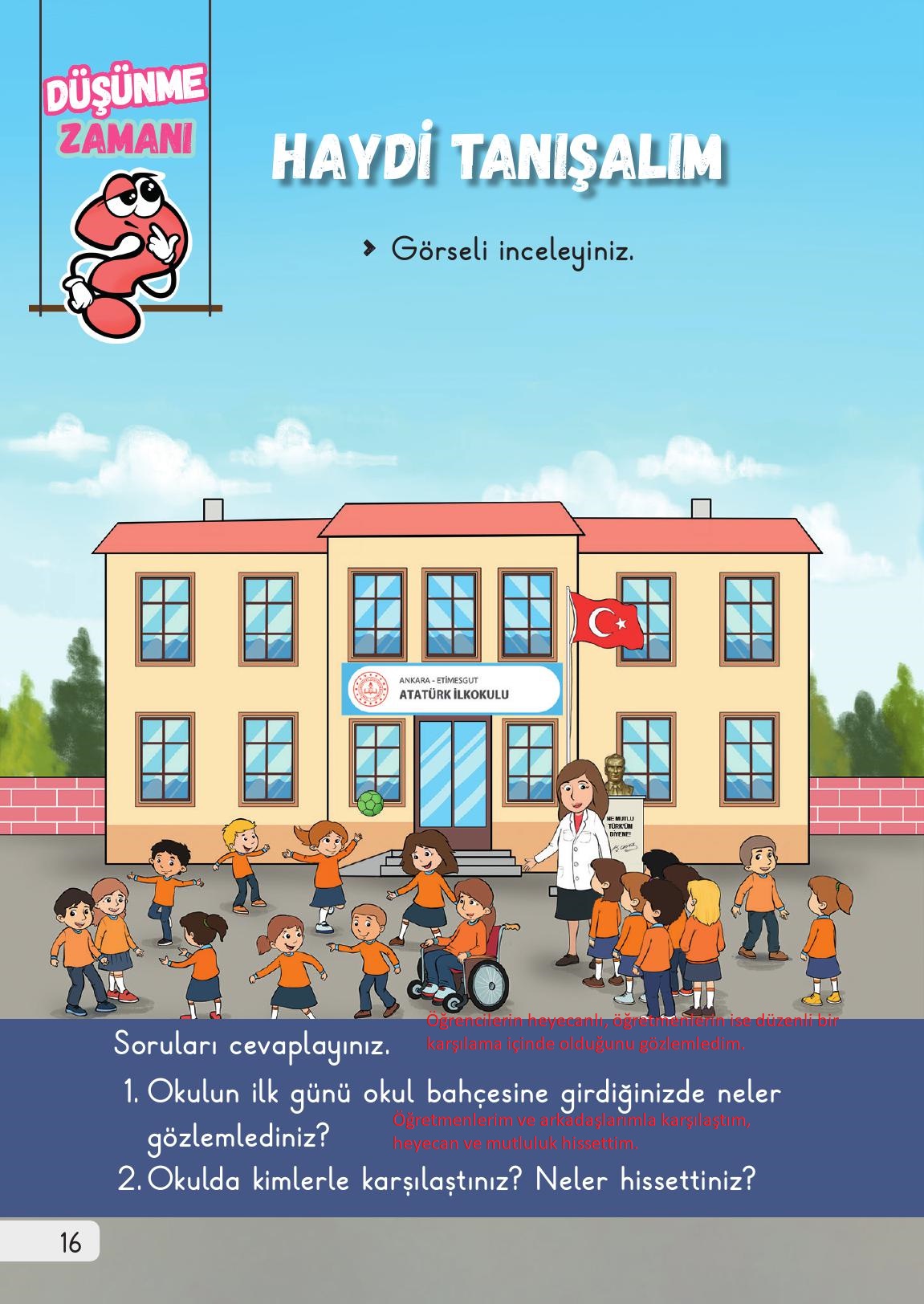 1. Sınıf Meb Yayınları Hayat Bilgisi Ders Kitabı Sayfa 16 Cevapları