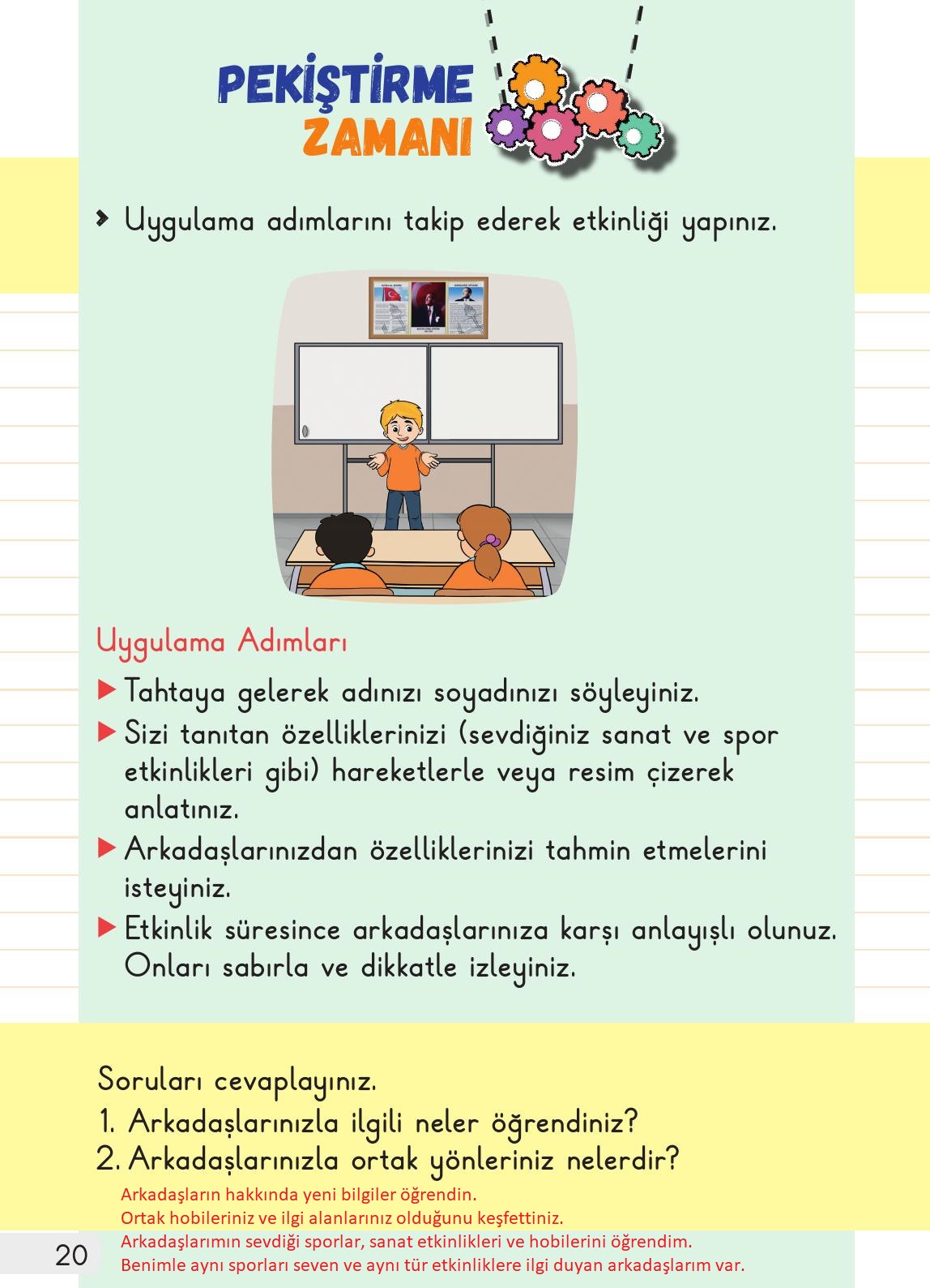 1. Sınıf Meb Yayınları Hayat Bilgisi Ders Kitabı Sayfa 20 Cevapları