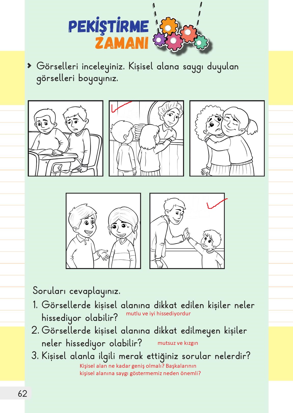 1. Sınıf Meb Yayınları Hayat Bilgisi Ders Kitabı Sayfa 62 Cevapları