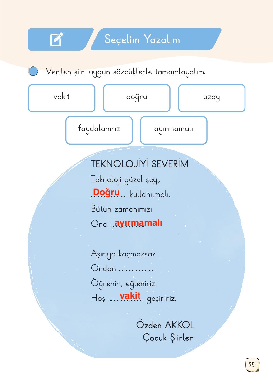 1. Sınıf Meb Yayınları Türkçe Ders Kitabı Sayfa 95 Cevapları