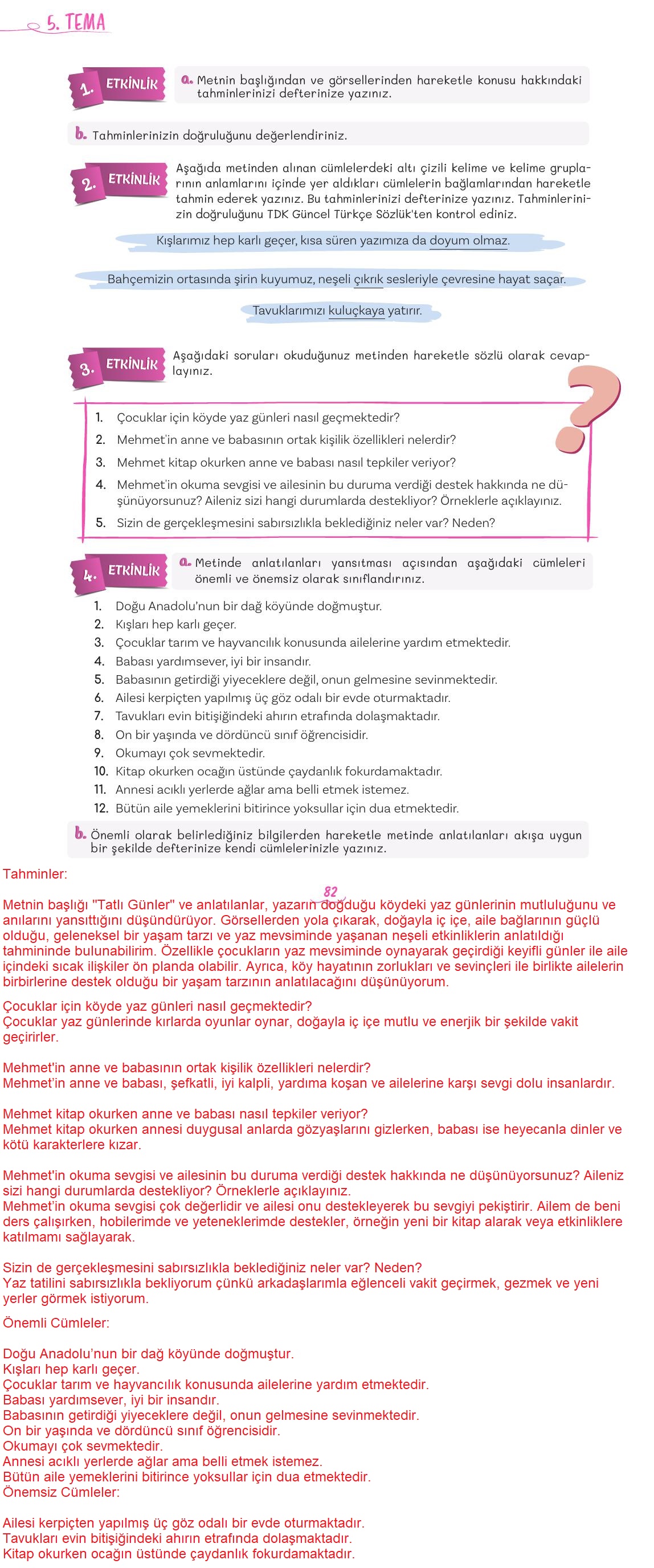 5. Sınıf Meb Yayınları 2. Kitap Türkçe Ders Kitabı Sayfa 82 Cevapları