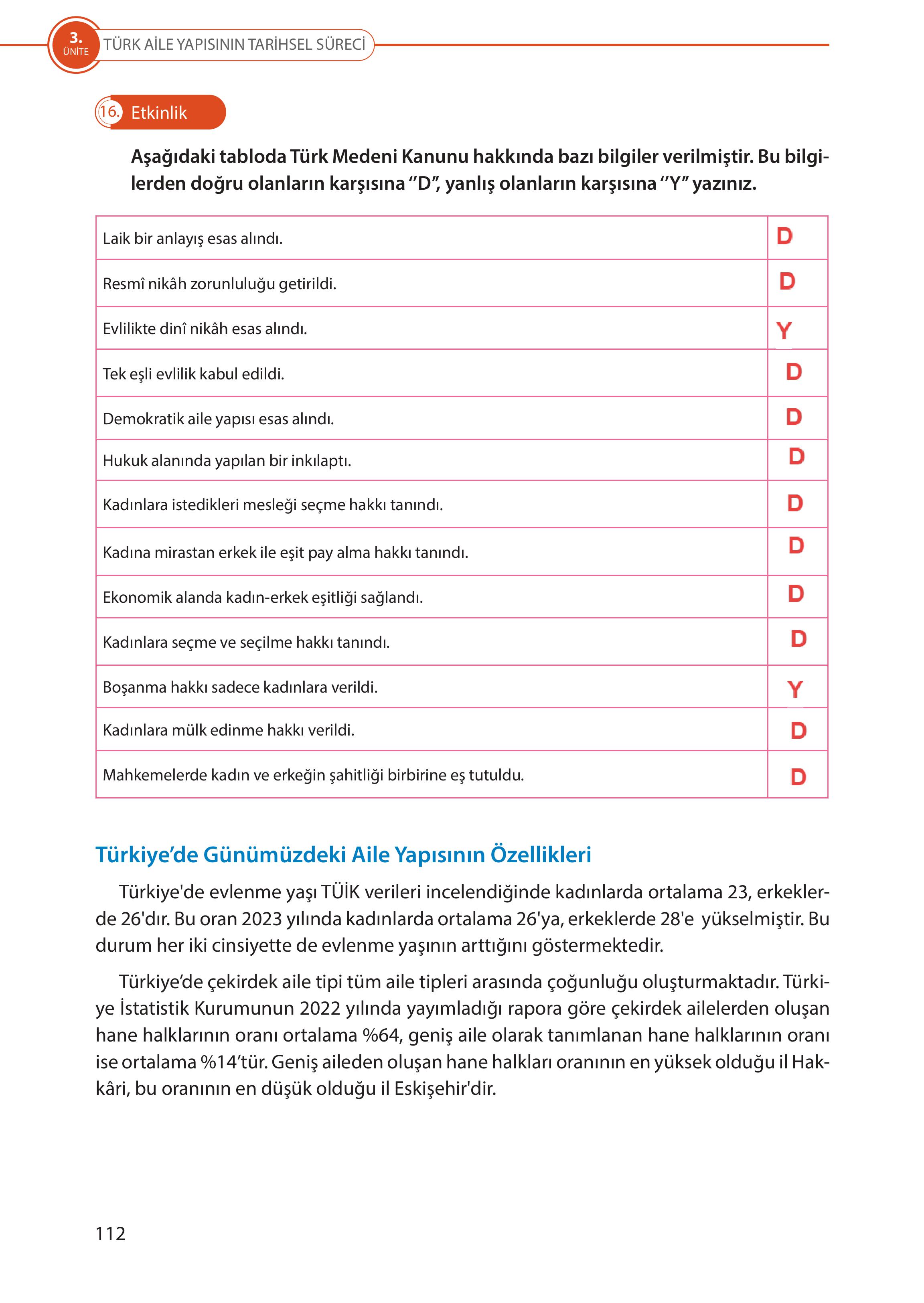 5. Sınıf Meb Yayınları Türk Sosyal Hayatında Aile Ders Kitabı Sayfa 112 Cevapları