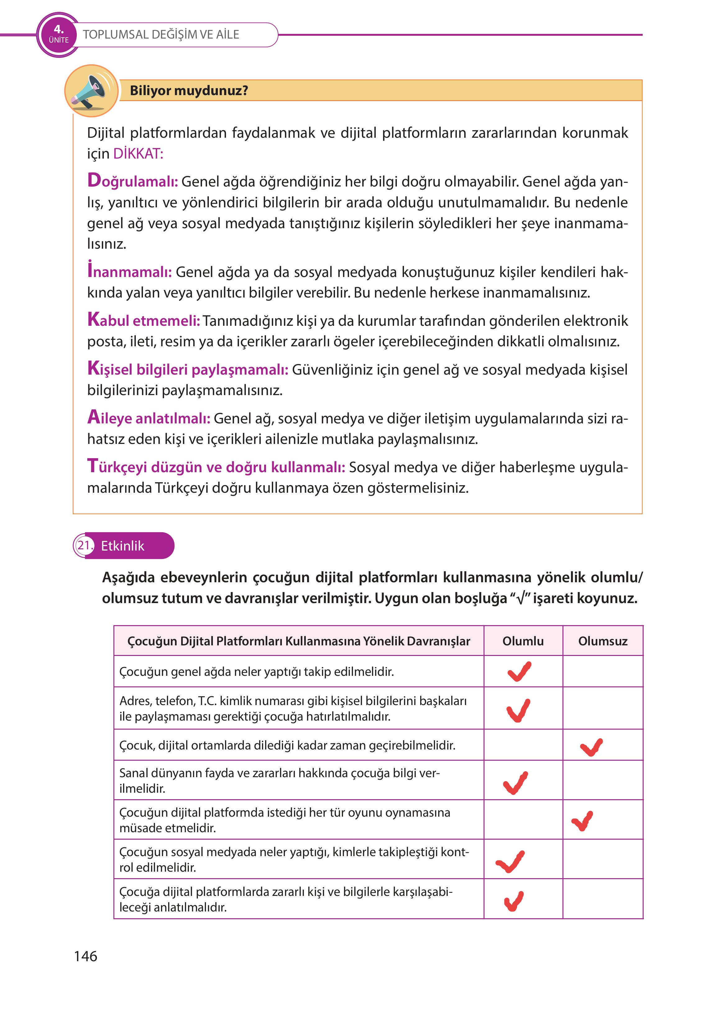 5. Sınıf Meb Yayınları Türk Sosyal Hayatında Aile Ders Kitabı Sayfa 146 Cevapları 5. Sınıf Meb Yayınları Türk Sosyal Hayatında Aile Ders Kitabı Sayfa 146 Cevapları