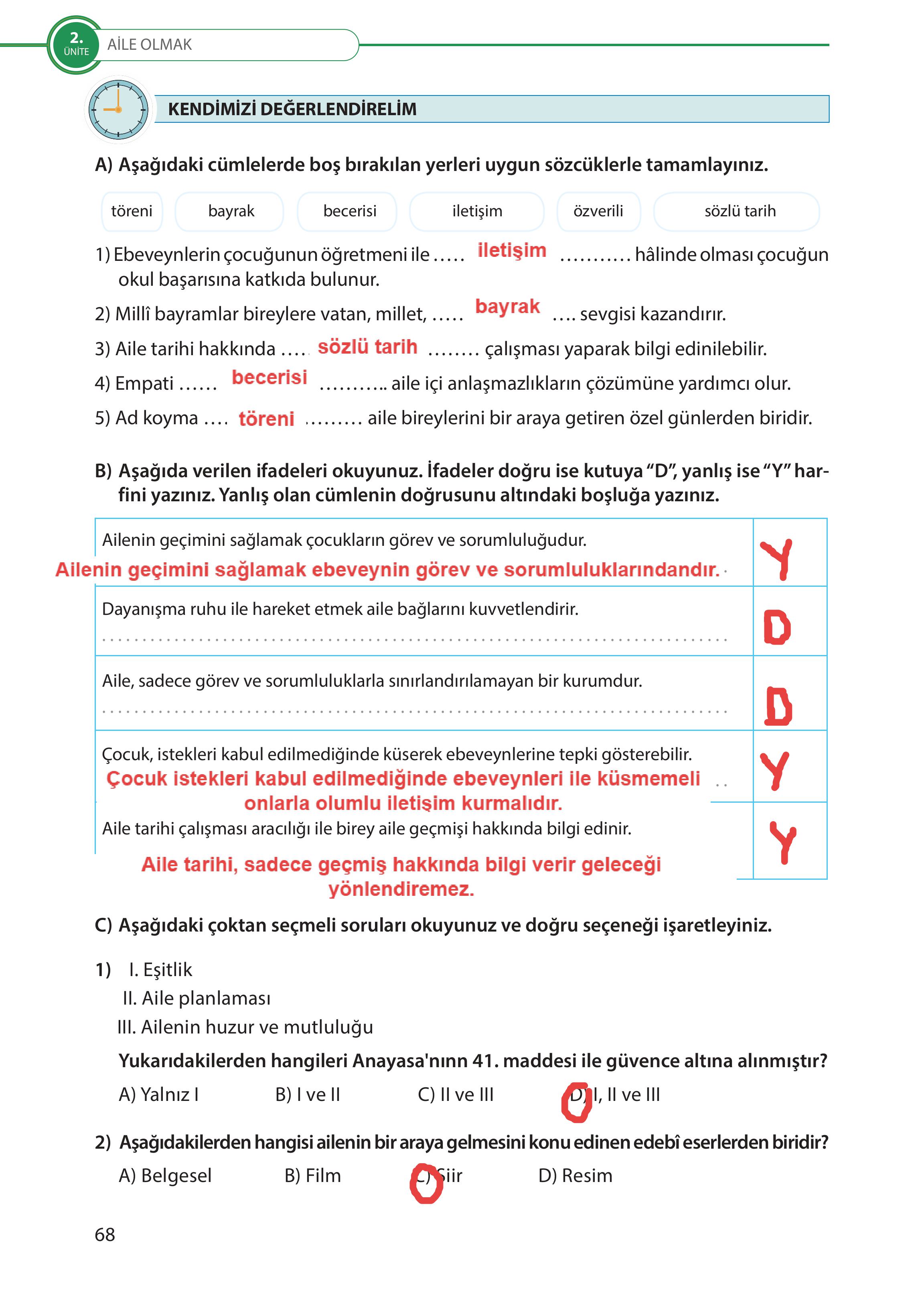 5. Sınıf Meb Yayınları Türk Sosyal Hayatında Aile Ders Kitabı Sayfa 68 Cevapları