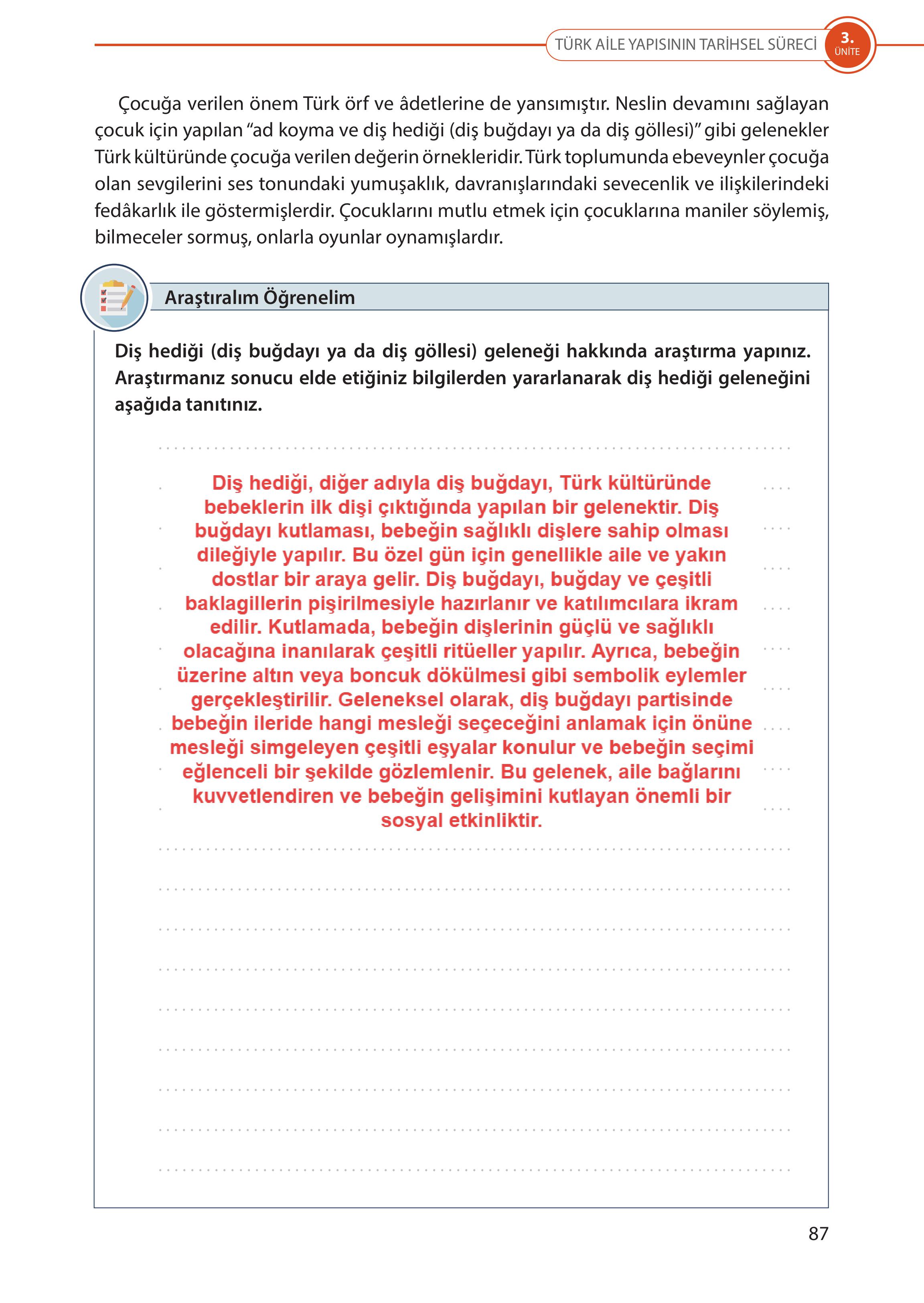 5. Sınıf Meb Yayınları Türk Sosyal Hayatında Aile Ders Kitabı Sayfa 87 Cevapları