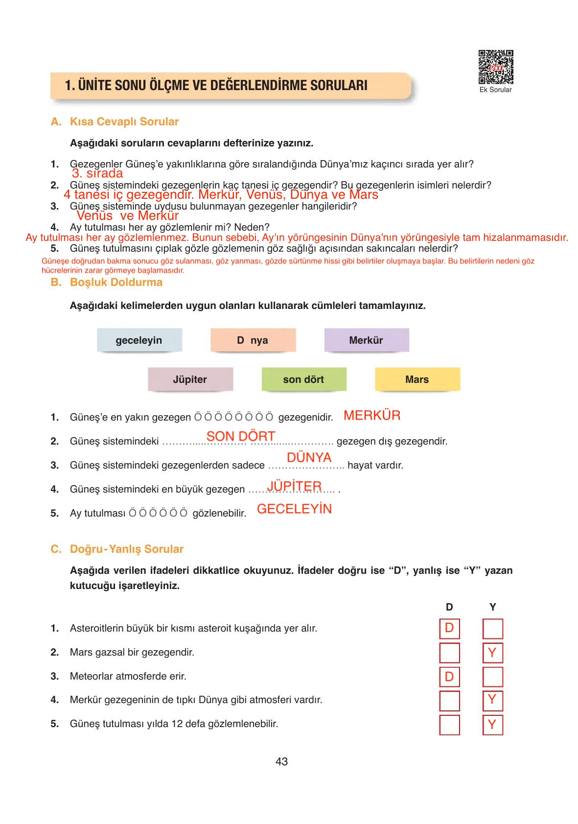 6. Sınıf Gün Yayıncılık Fen Bilimleri Ders Kitabı Sayfa 43 Cevapları