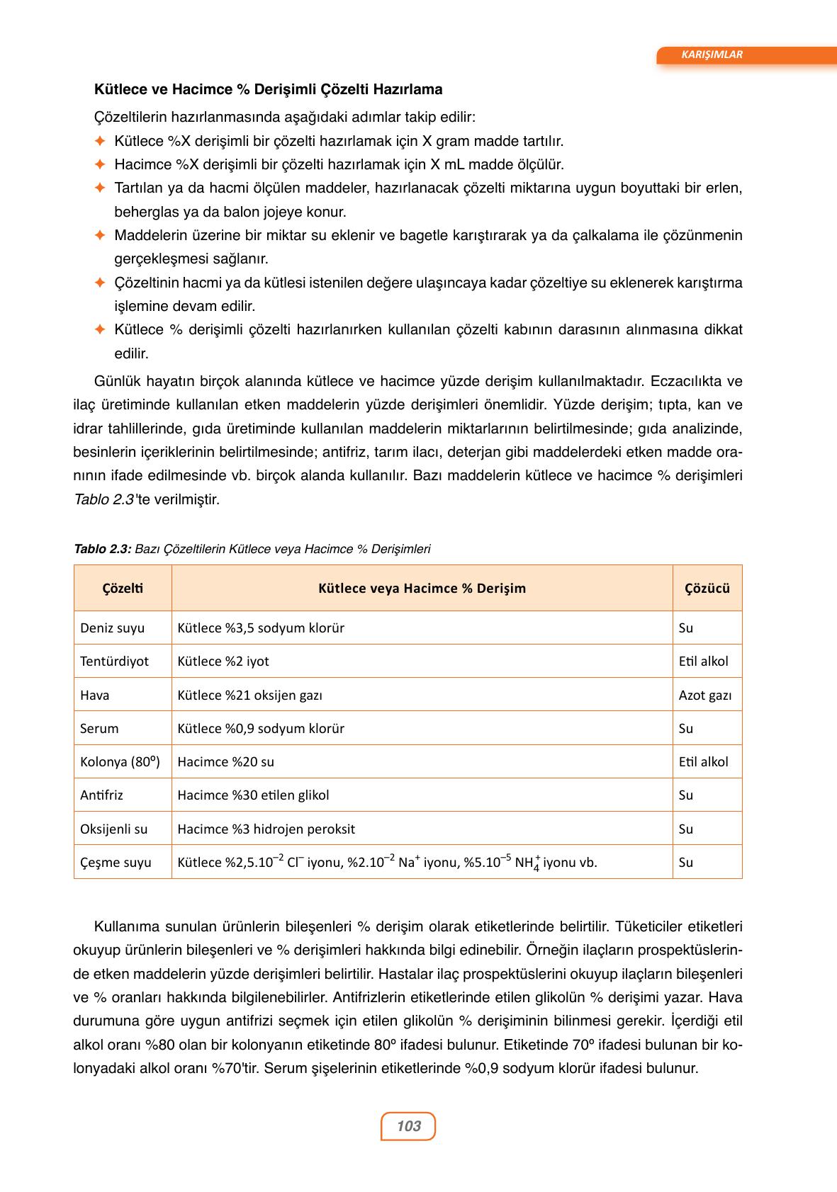 10. Sınıf Ata Yayınları Kimya Ders Kitabı Sayfa 103 Cevapları