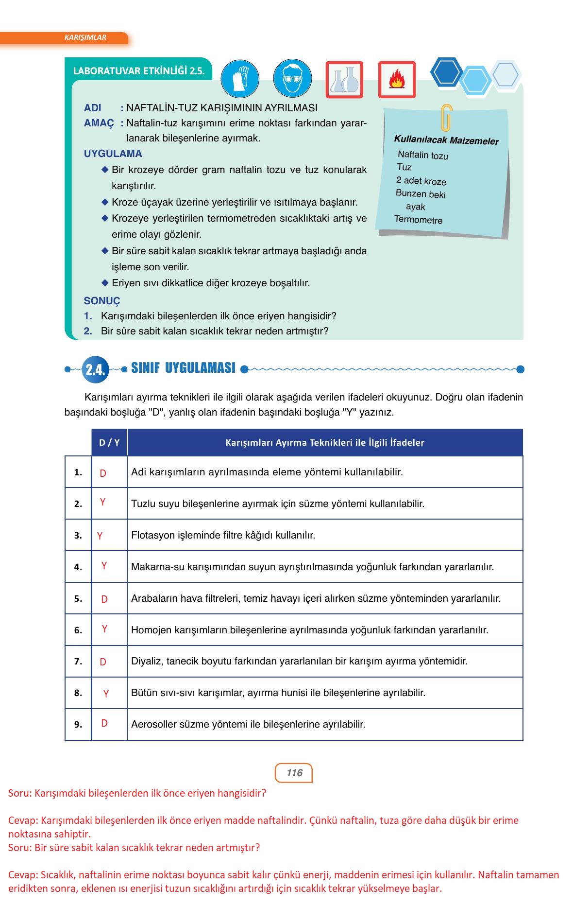 10. Sınıf Ata Yayınları Kimya Ders Kitabı Sayfa 116 Cevapları