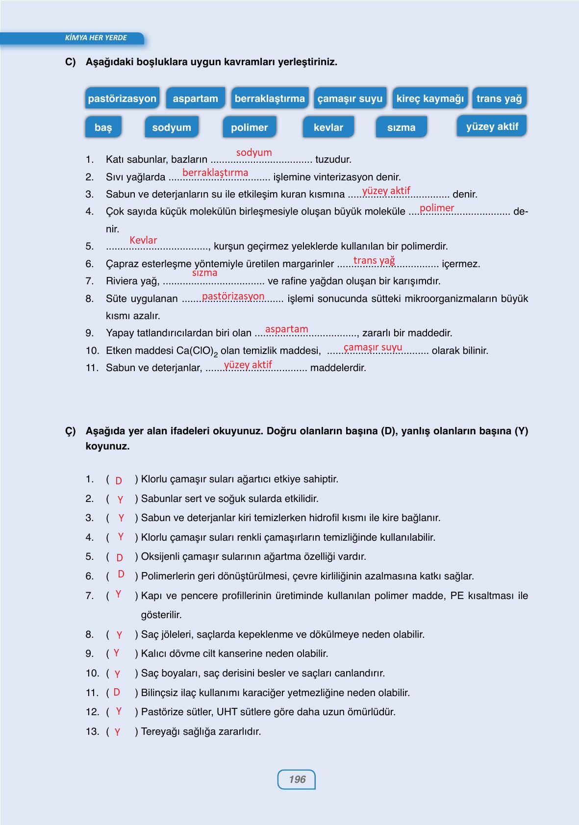 10. Sınıf Ata Yayınları Kimya Ders Kitabı Sayfa 196 Cevapları