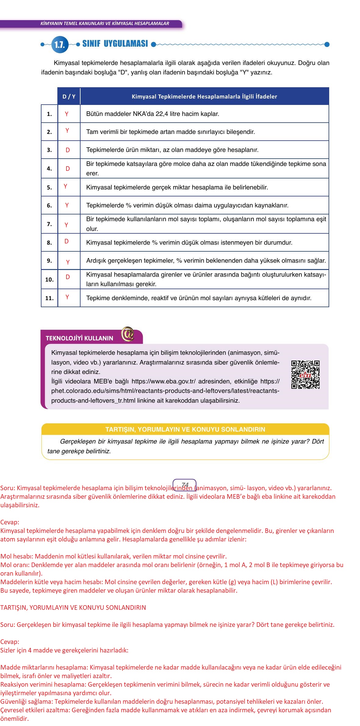 10. Sınıf Ata Yayınları Kimya Ders Kitabı Sayfa 74 Cevapları
