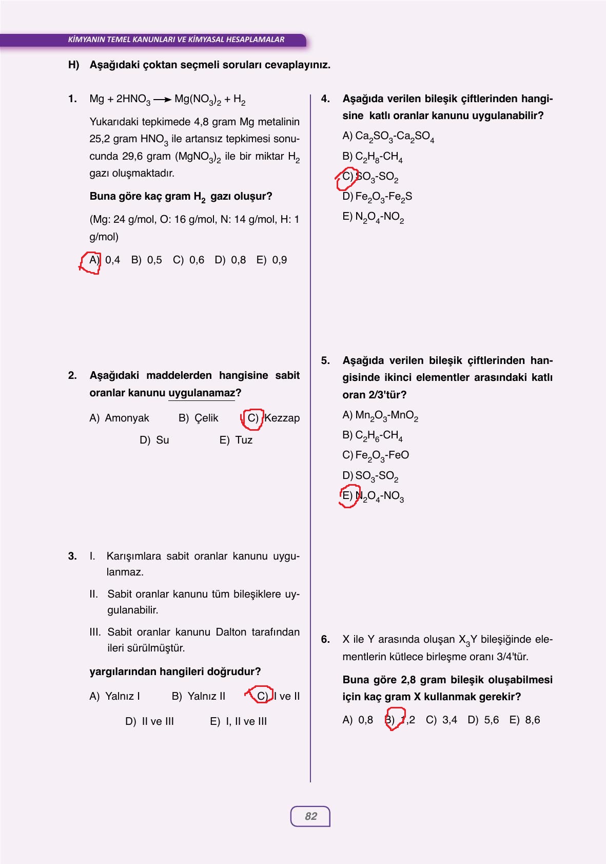 10. Sınıf Ata Yayınları Kimya Ders Kitabı Sayfa 82 Cevapları