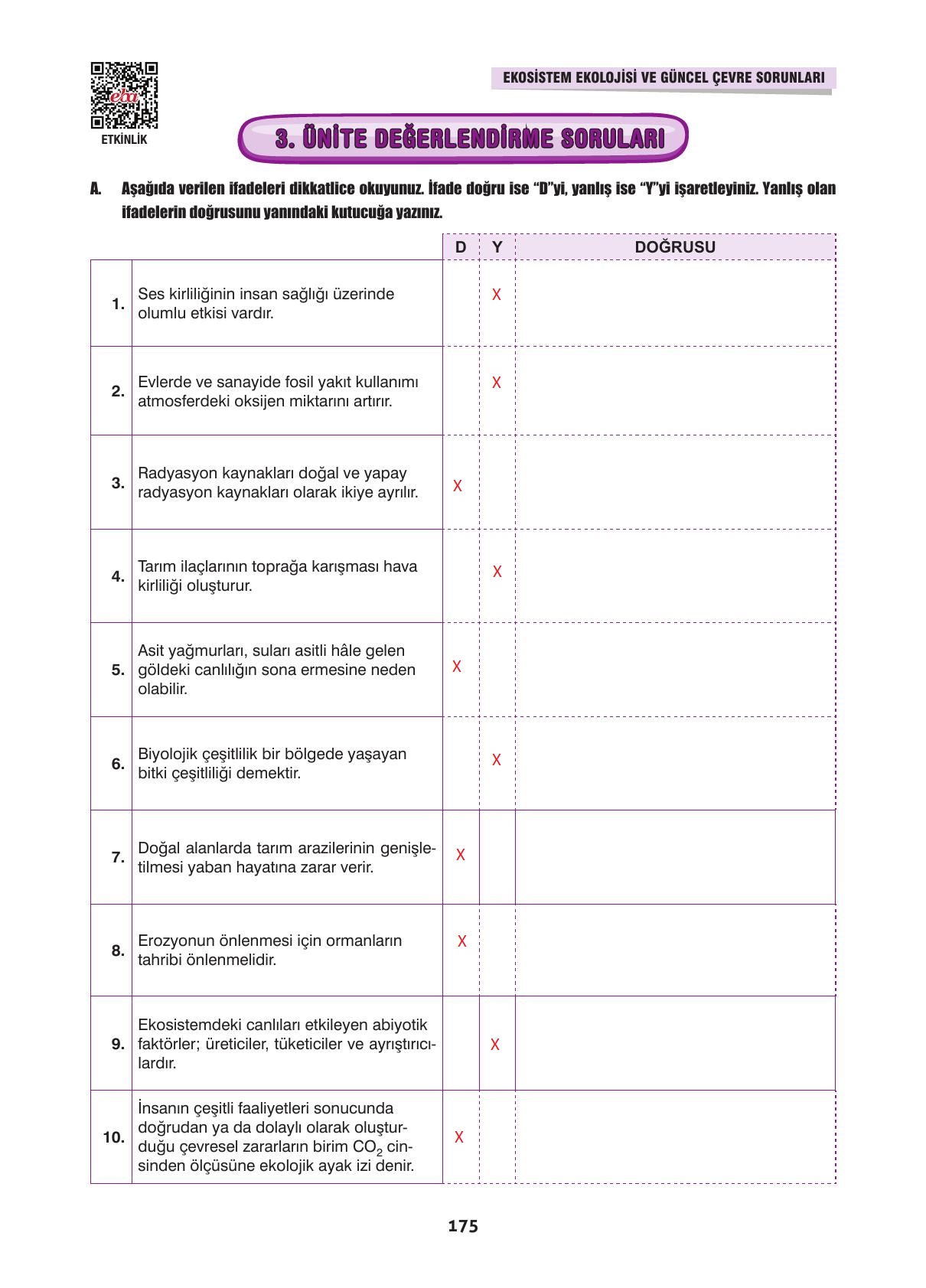 10. Sınıf Dörtel Yayınları Biyoloji Ders Kitabı Sayfa 175 Cevapları