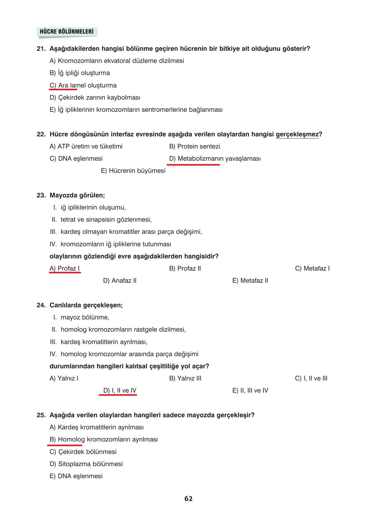 10. Sınıf Dörtel Yayınları Biyoloji Ders Kitabı Sayfa 62 Cevapları