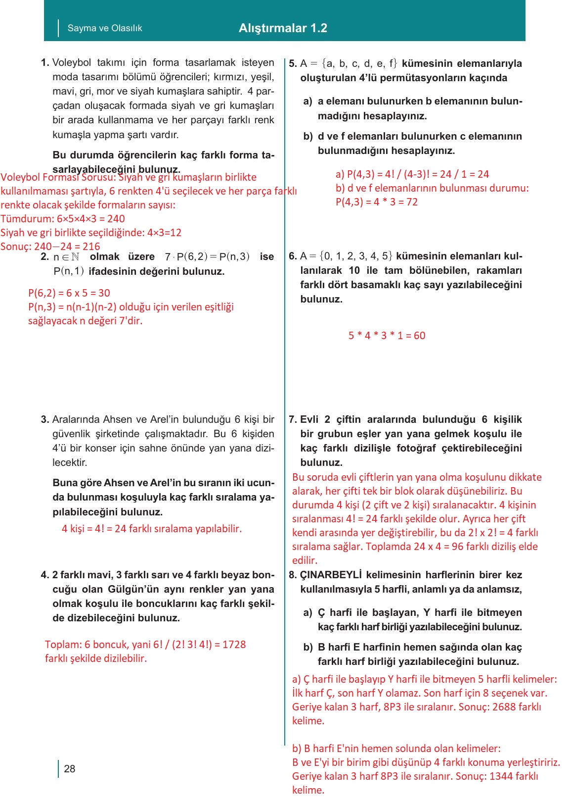 10. Sınıf Meb Yayınları Matematik Ders Kitabı Sayfa 28 Cevapları