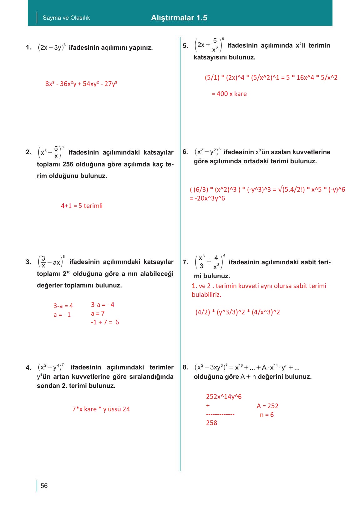 10. Sınıf Meb Yayınları Matematik Ders Kitabı Sayfa 56 Cevapları