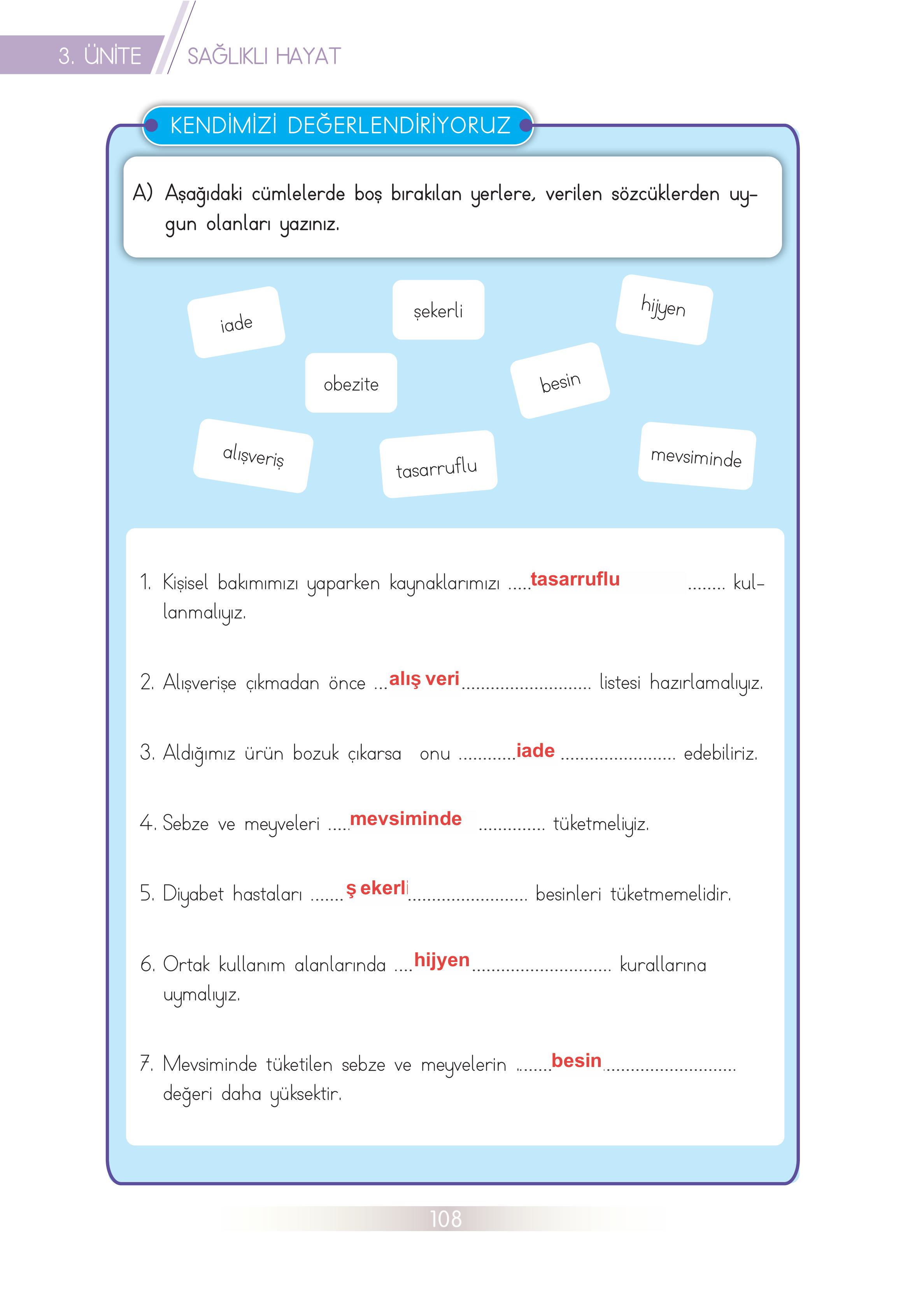 3. Sınıf Meb Yayınları Hayat Bilgisi Ders Kitabı Sayfa 108 Cevapları