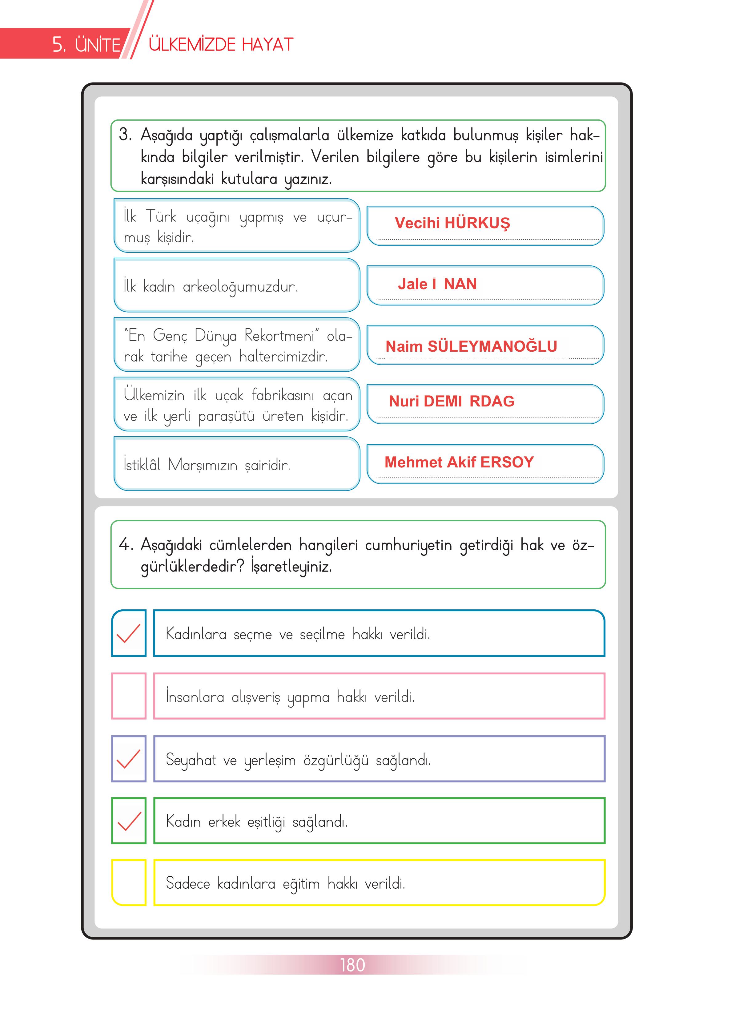 3. Sınıf Meb Yayınları Hayat Bilgisi Ders Kitabı Sayfa 180 Cevapları