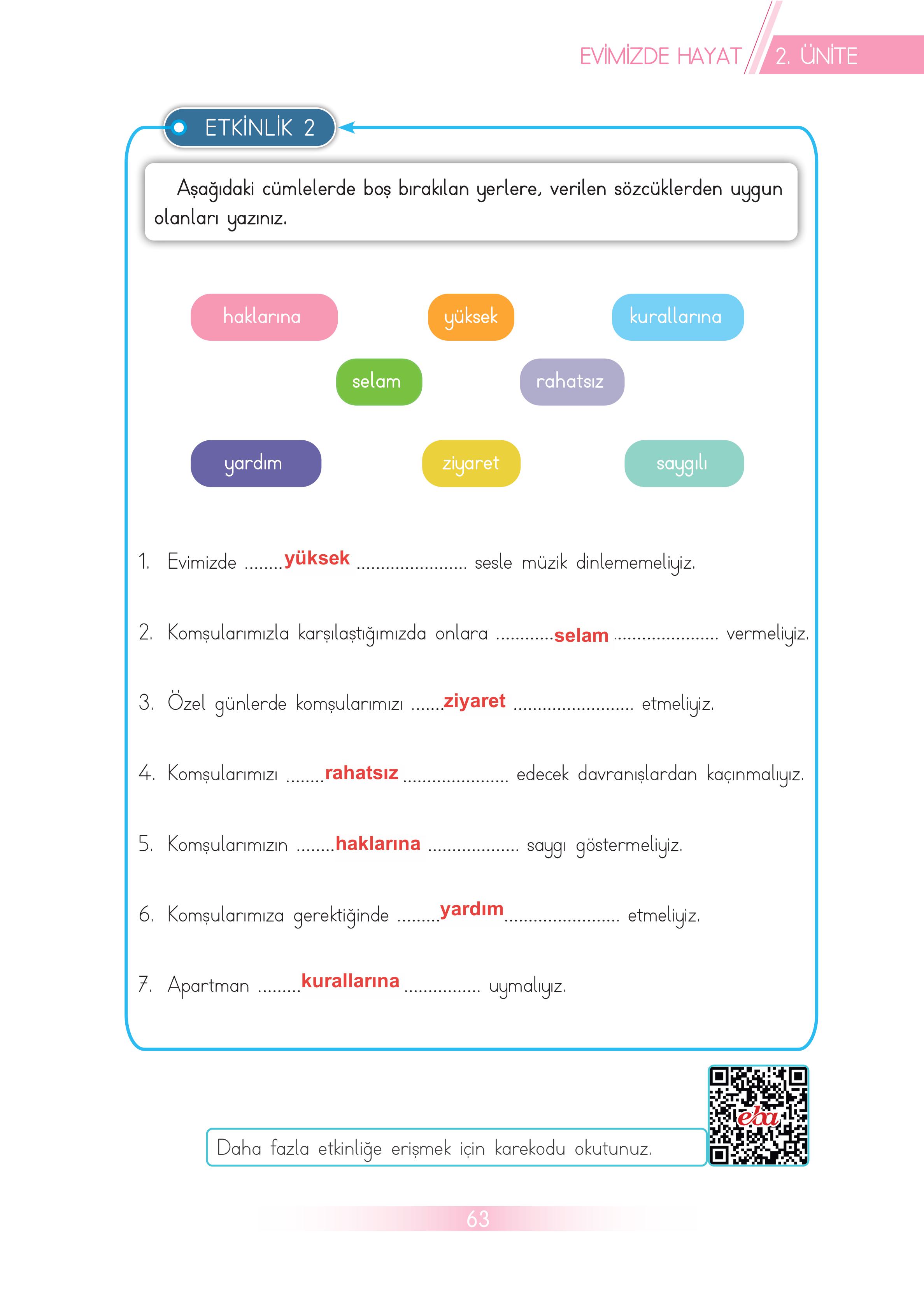 3. Sınıf Meb Yayınları Hayat Bilgisi Ders Kitabı Sayfa 63 Cevapları