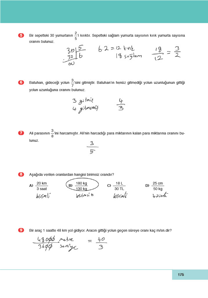 6. Sınıf Doğa Yayınları Matematik Ders Kitabı Sayfa 175 Cevapları