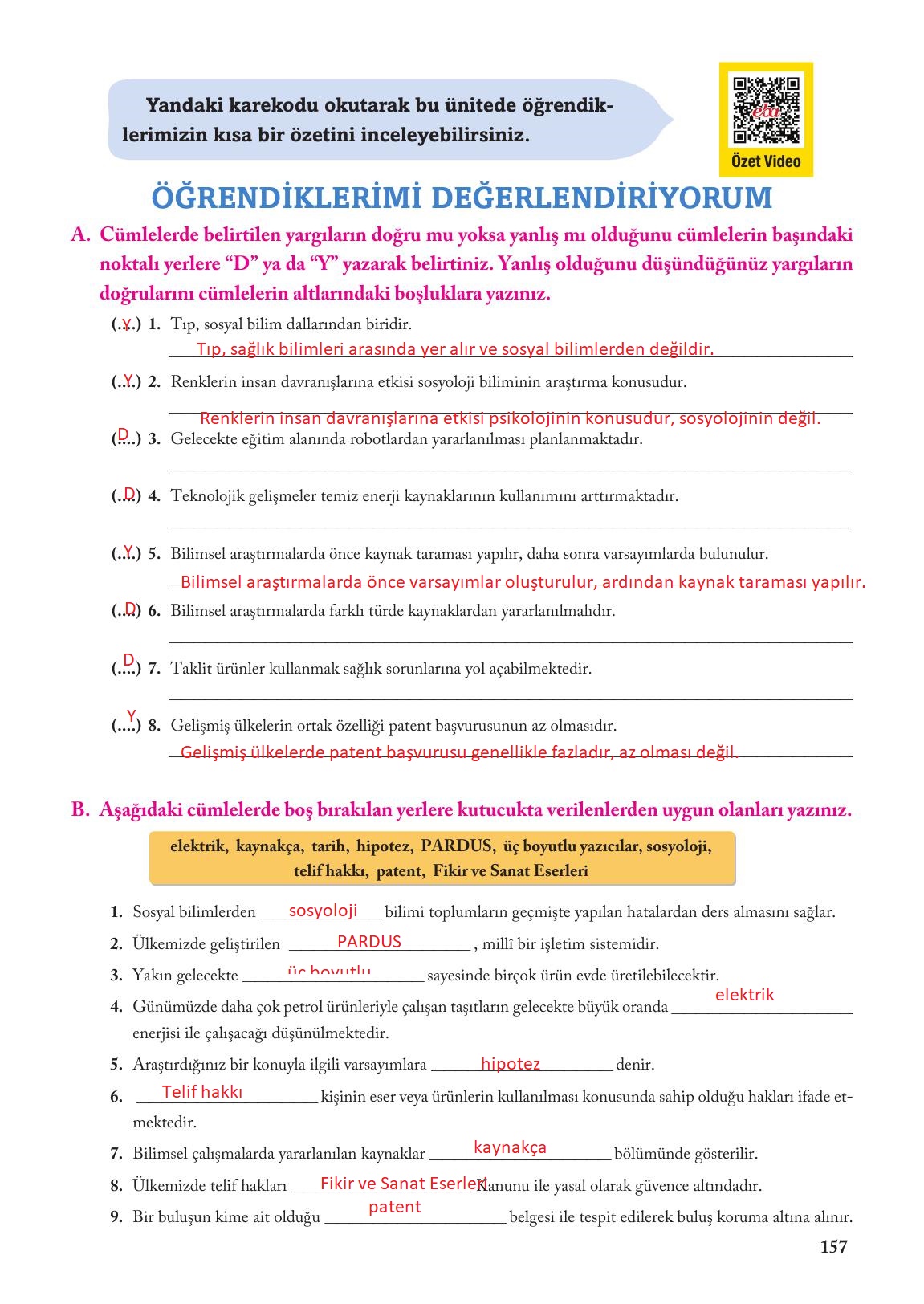 6. Sınıf Evos Yayınları Sosyal Bilgiler Ders Kitabı Sayfa 157 Cevapları