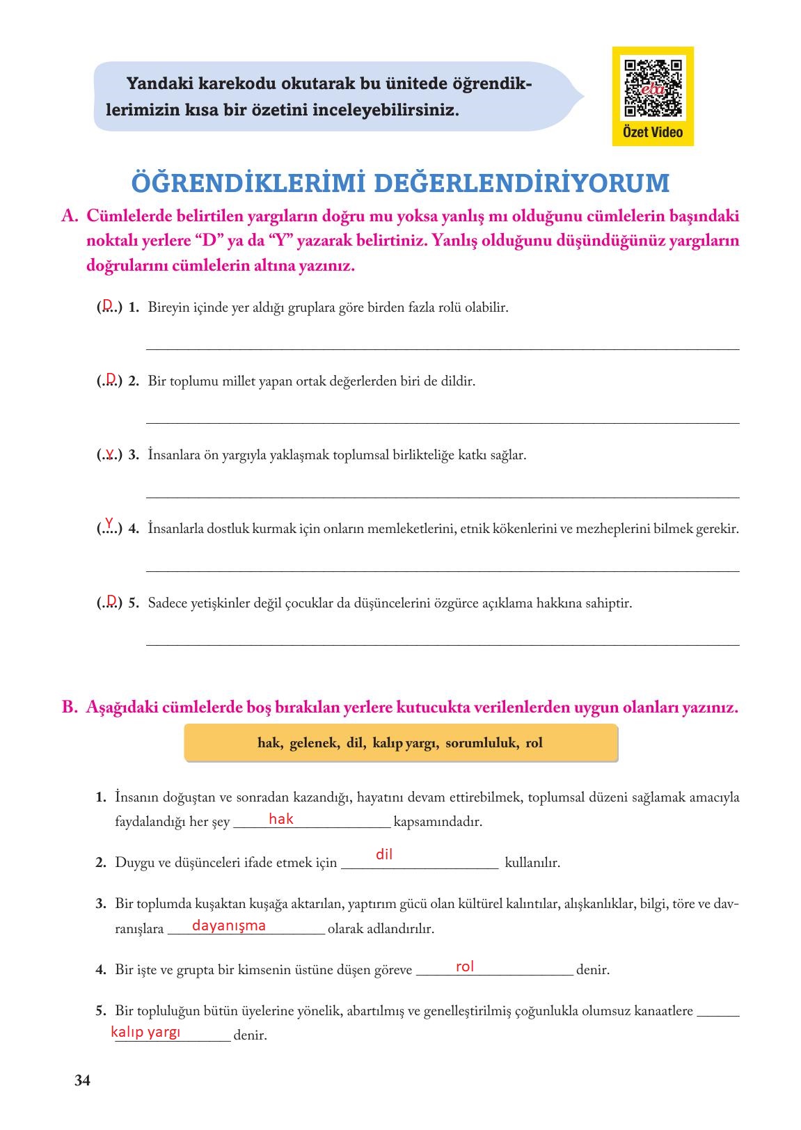 6. Sınıf Evos Yayınları Sosyal Bilgiler Ders Kitabı Sayfa 34 Cevapları