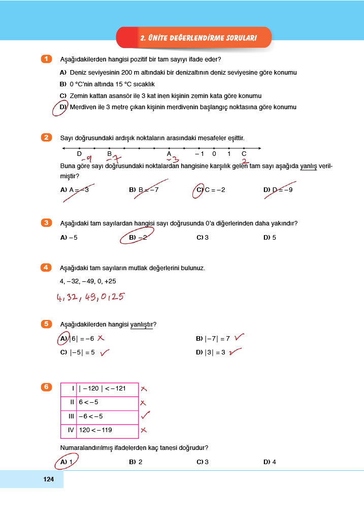 6. Sınıf Meb Yayınları Matematik Ders Kitabı Sayfa 124 Cevapları