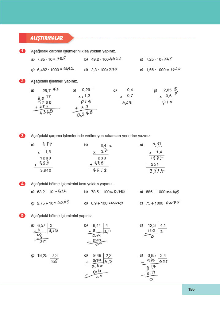 6. Sınıf Meb Yayınları Matematik Ders Kitabı Sayfa 155 Cevapları