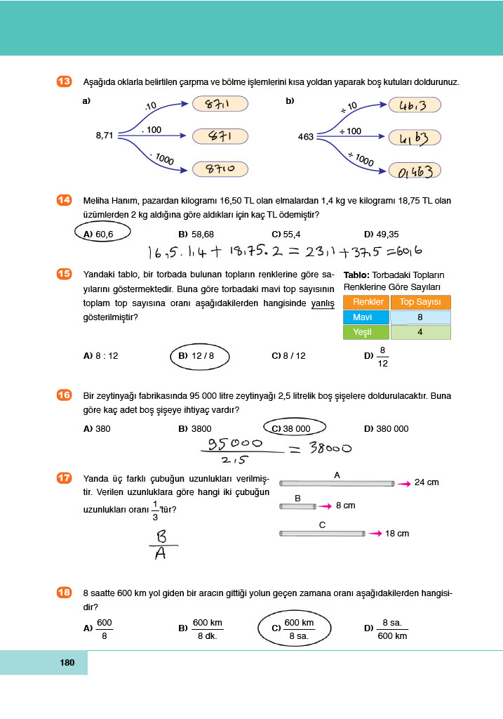 6. Sınıf Meb Yayınları Matematik Ders Kitabı Sayfa 180 Cevapları