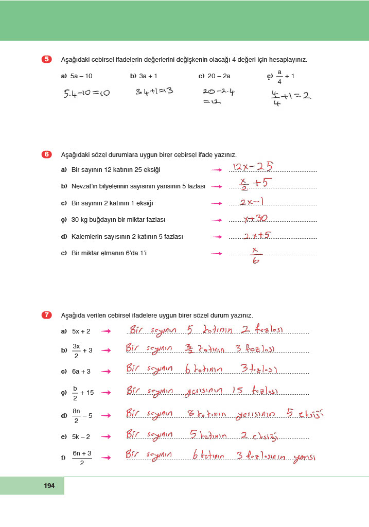 6. Sınıf Meb Yayınları Matematik Ders Kitabı Sayfa 194 Cevapları