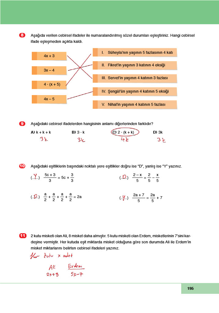 6. Sınıf Meb Yayınları Matematik Ders Kitabı Sayfa 195 Cevapları