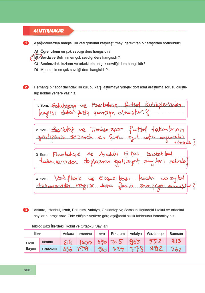 6. Sınıf Meb Yayınları Matematik Ders Kitabı Sayfa 206 Cevapları