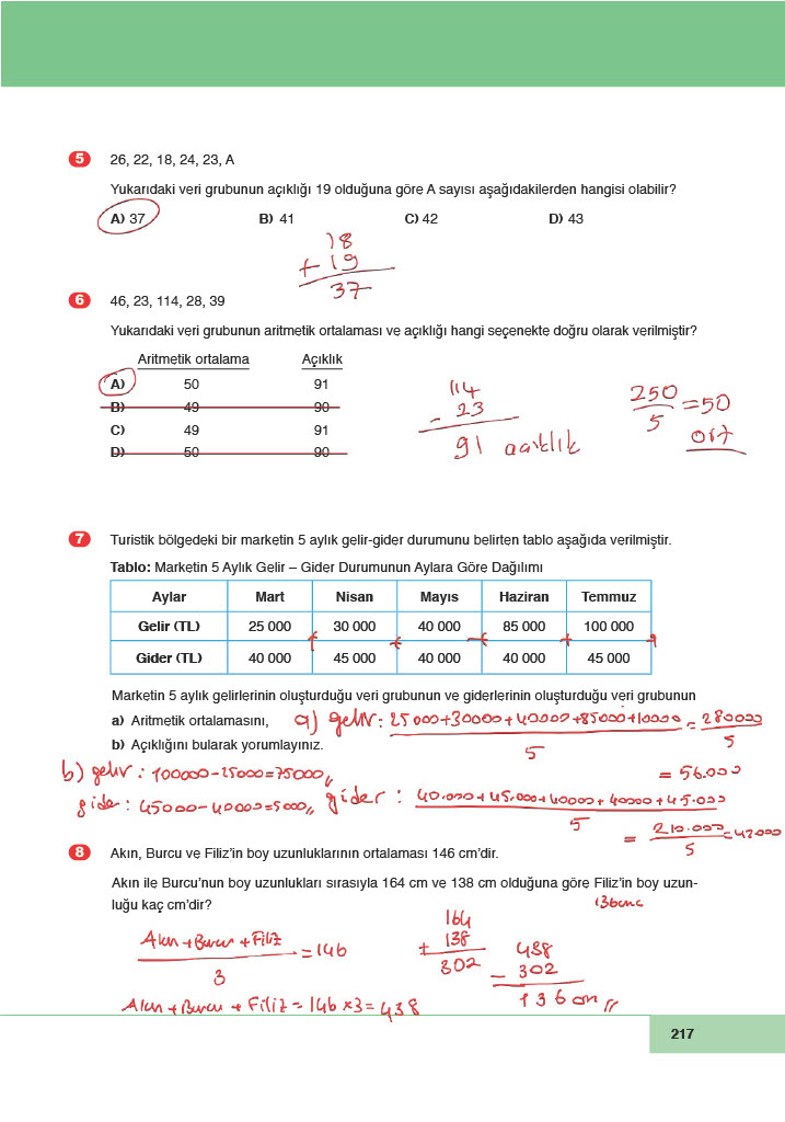 6. Sınıf Meb Yayınları Matematik Ders Kitabı Sayfa 217 Cevapları