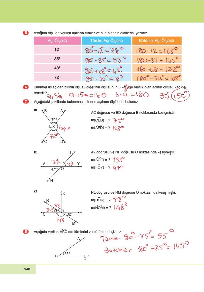 6. Sınıf Meb Yayınları Matematik Ders Kitabı Sayfa 240 Cevapları