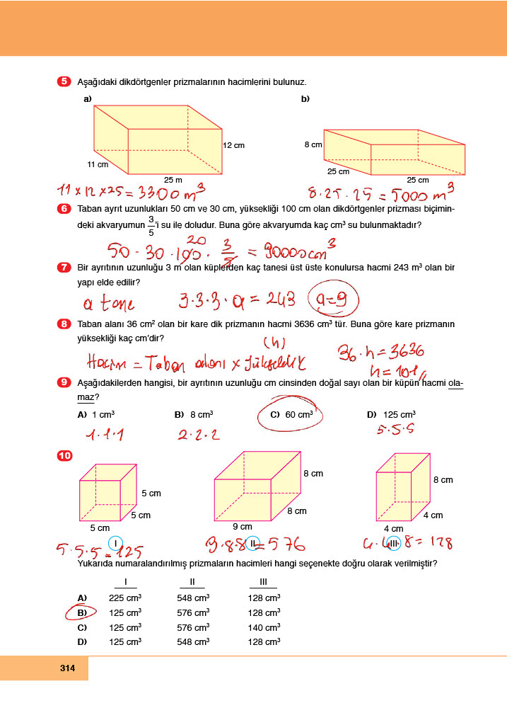 6. Sınıf Meb Yayınları Matematik Ders Kitabı Sayfa 314 Cevapları