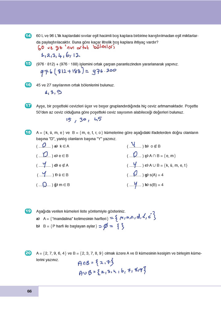 6. Sınıf Meb Yayınları Matematik Ders Kitabı Sayfa 66 Cevapları